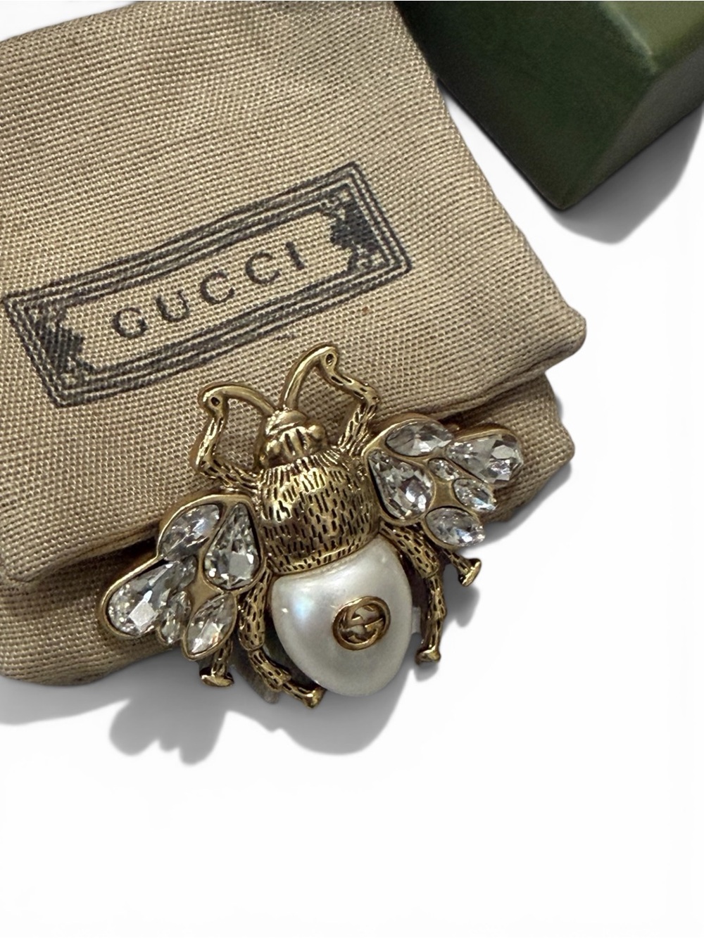 Vintage Gucci Gold-Tone Bee Brooch with Pearl and Clear Crystals w box